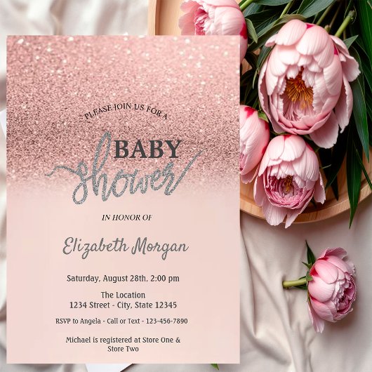 Elegant Roos Gold Glitter Bokeh Baby shower Kaart