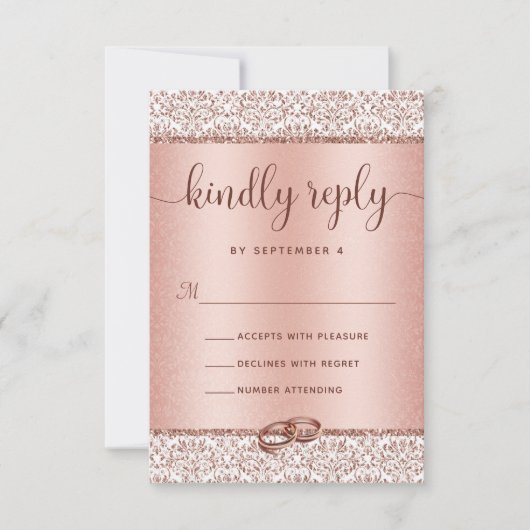 Elegant Roos Gold Glitter Damask Wedding RSVP (Voorkant)