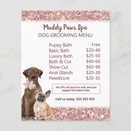 Elegant Roos Gold Glitter Dog Grooming Menu (Voorkant)