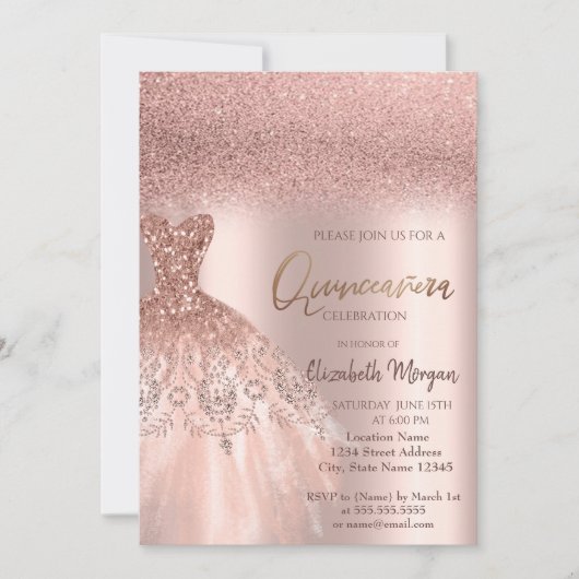 Elegant Roos Gold Glitter Dress Quinceañera Invita Kaart (Voorkant)