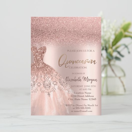 Elegant Roos Gold Glitter Dress Quinceañera Invita Kaart (Staand voorkant)