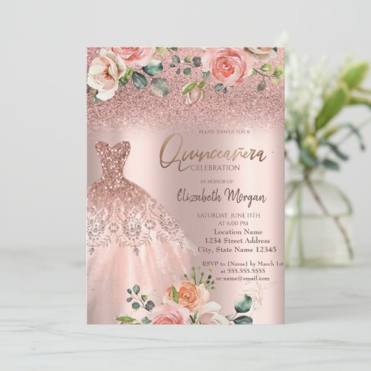 Elegant Roos Gold Glitter Dress Rozen Quinceañera Kaart (Staand voorkant)