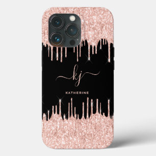 Elegant Roos Gold Glitter Drift 2 monogram script iPhone 13 Pro Hoesje