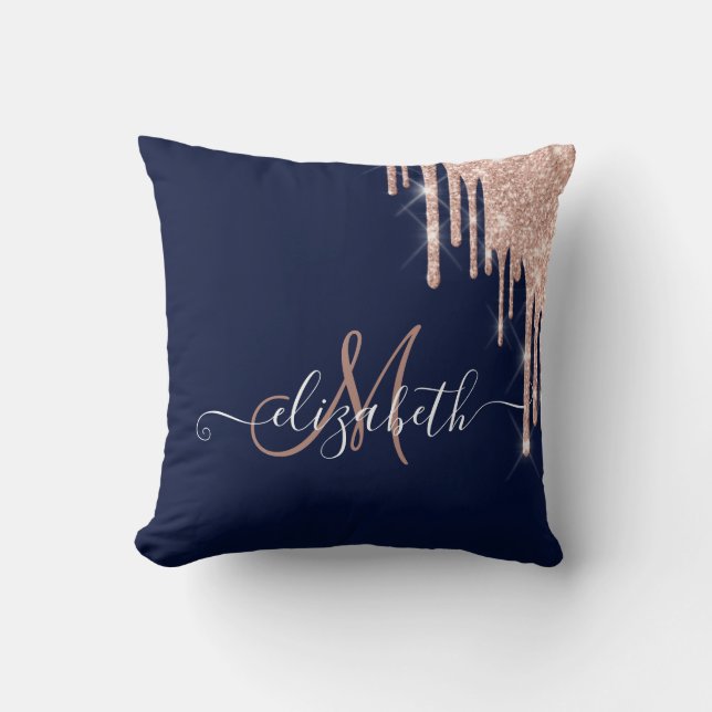 Elegant Roos Gold Glitter Drift Monogram Navy Blue Kussen (Voorkant)
