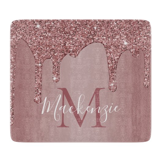 Elegant Roos Gold Glitter Drift Monogram Snijplank (Voorkant)