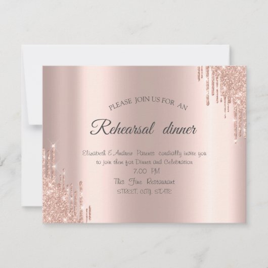 Elegant Roos Gold Glitter Drift Rehearings Dinner Kaart (Voorkant)