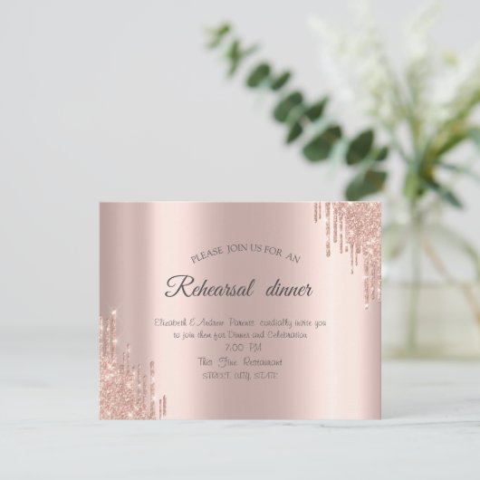 Elegant Roos Gold Glitter Drift Rehearings Dinner Kaart (Staand voorkant)