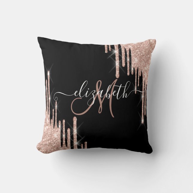 Elegant Roos Gold Glitter Drift zwart monogram Kussen (Voorkant)