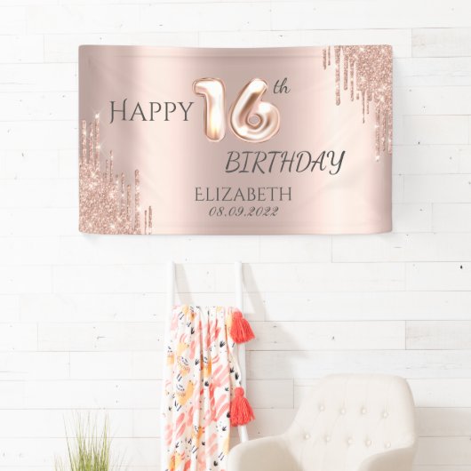 Elegant Roos Gold Glitter Drips 16e verjaardag Spandoek (Insitu)