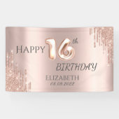 Elegant Roos Gold Glitter Drips 16e verjaardag Spandoek (Horizontaal)
