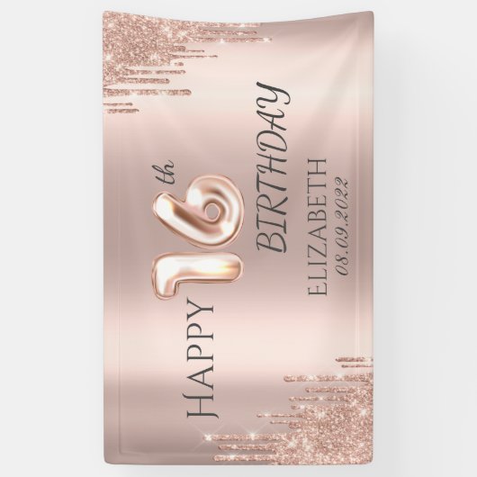 Elegant Roos Gold Glitter Drips 16e verjaardag Spandoek (Verticaal)