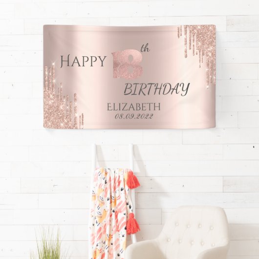 Elegant Roos Gold Glitter Drips 18e verjaardag Spandoek (Insitu)