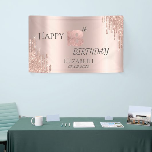 Elegant Roos Gold Glitter Drips 18e verjaardag Spandoek (Beurs)