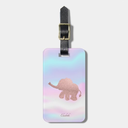 Elegant Roos Gold Glitter Elephant Holographic Bagagelabel (Voorkant verticaal)