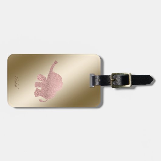 Elegant Roos Gold Glitter Elephant-Personalized Bagagelabel (Voorkant horizontaal)