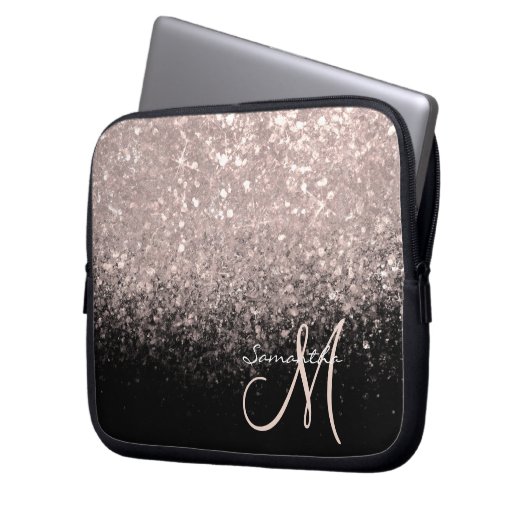 Elegant Roos Gold Glitter en Black Monogramed Laptop Sleeve (Voorkant Links)