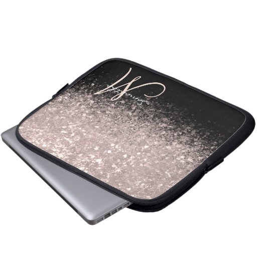 Elegant Roos Gold Glitter en Black Monogramed Laptop Sleeve (Voorkant onderkant)