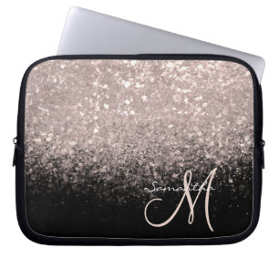 Elegant Roos Gold Glitter en Black Monogramed Laptop Sleeve