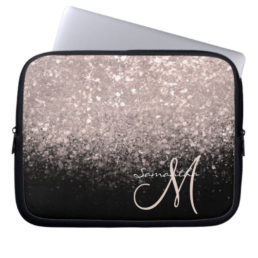 Elegant Roos Gold Glitter en Black Monogramed Laptop Sleeve (Voorkant)