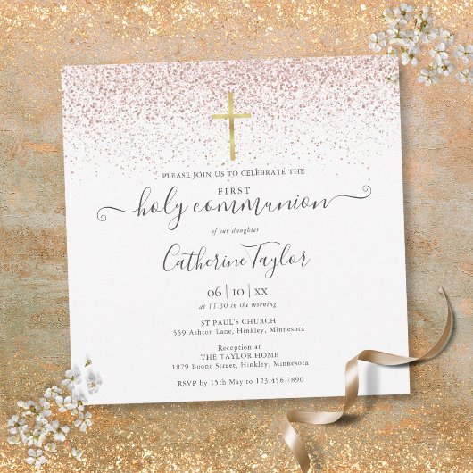 Elegant Roos Gold Glitter First Heilige Communie Kaart