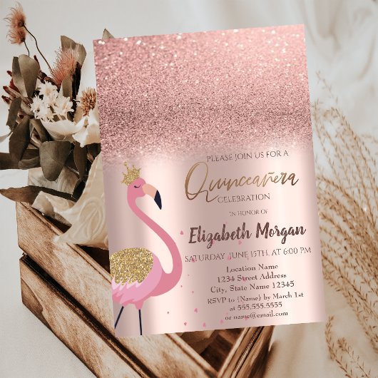 Elegant Roos Gold Glitter, Flamingo Quinceañera in Kaart