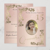 Elegant Roos Gold Glitter Floral Foto Quinceanera Kaart (Voorkant / Achterkant)