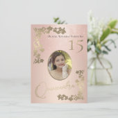 Elegant Roos Gold Glitter Floral Foto Quinceanera Kaart (Staand voorkant)