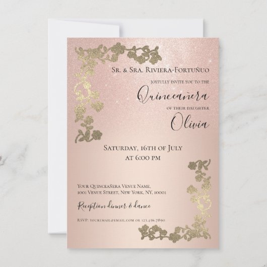 Elegant Roos Gold Glitter Floral Foto Quinceanera Kaart (Achterkant)