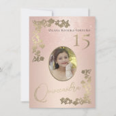 Elegant Roos Gold Glitter Floral Foto Quinceanera Kaart (Voorkant)