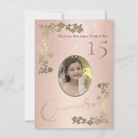 Elegant Roos Gold Glitter Floral Foto Quinceanera Kaart (Voorkant)