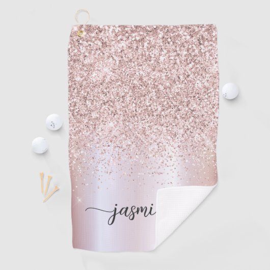 Elegant Roos Gold Glitter Monogram Name Script Golfhanddoek (Insitu)
