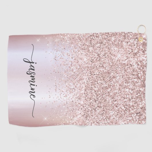 Elegant Roos Gold Glitter Monogram Name Script Golfhanddoek (Horizontaal)