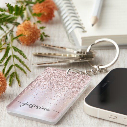 Elegant Roos Gold Glitter Monogram Name Script Sleutelhanger (Voorkant Rechts)