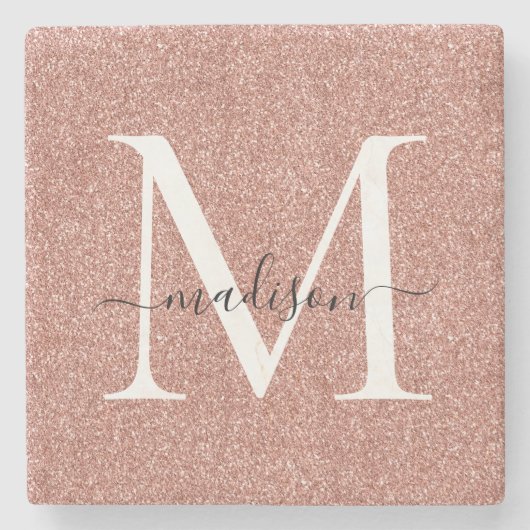 Elegant Roos Gold Glitter Monogram Script Naam Stenen Onderzetter (Voorkant)