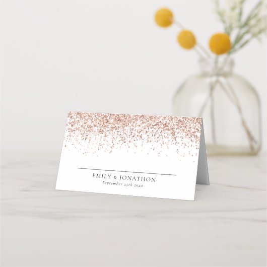 Elegant Roos Gold Glitter Names Date Weddenschap Plaatskaartje (Voorkant)