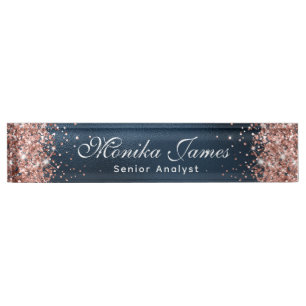 Elegant Roos Gold Glitter Navy Blue Folie Naambordje