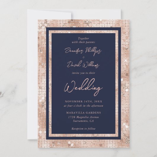 Elegant Roos Gold Glitter Navy Blue Wedding Kaart (Voorkant)