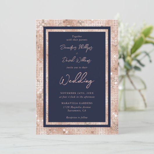 Elegant Roos Gold Glitter Navy Blue Wedding Kaart (Staand voorkant)