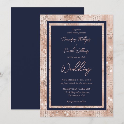 Elegant Roos Gold Glitter Navy Blue Wedding Kaart (Voorkant / Achterkant)
