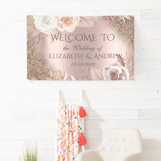 Elegant Roos Gold Glitter Ombre Boho Flowers Spandoek (Insitu)