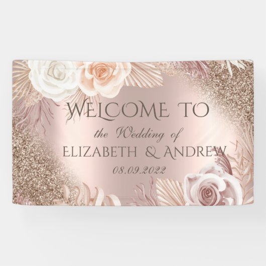 Elegant Roos Gold Glitter Ombre Boho Flowers Spandoek (Horizontaal)