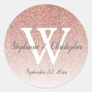 Elegant Roos Gold Glitter Ombre Wedding Monogram Ronde Sticker