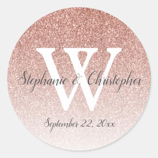 Elegant Roos Gold Glitter Ombre Wedding Monogram Ronde Sticker (Voorkant)