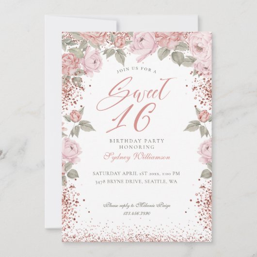 Elegant Roos Gold Glitter Peony Florals Sweet 16 Kaart (Voorkant)