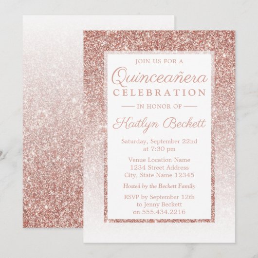 Elegant Roos Gold Glitter Quinceañera Birthday Kaart (Voorkant / Achterkant)