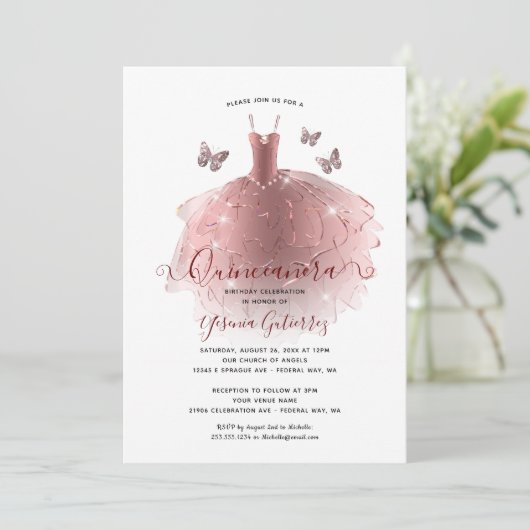 Elegant Roos Gold Glitter Quinceañera Dress Kaart (Staand voorkant)