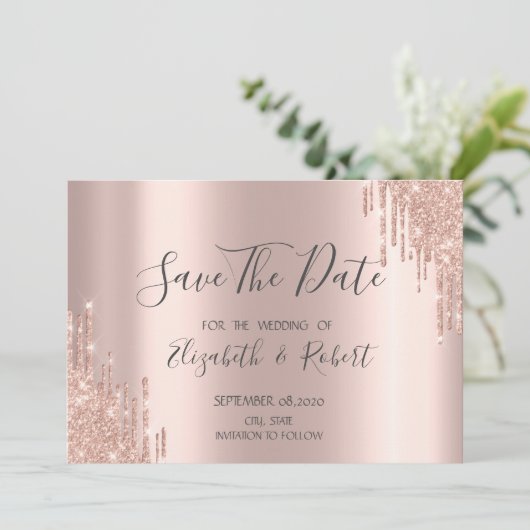 Elegant Roos Gold Glitter-schijven bespaart de dat Save The Date (Staand voorkant)