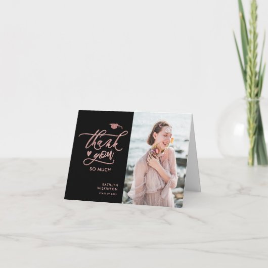 Elegant Roos Gold Glitter Script Photo Afstuderen Bedankkaart (Voorkant)