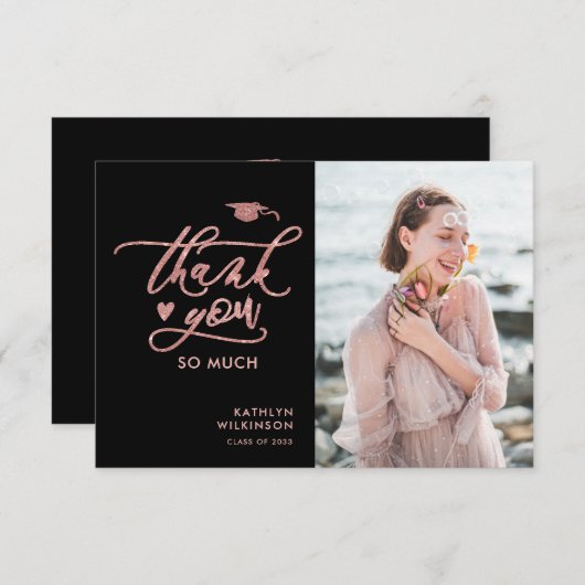 Elegant Roos Gold Glitter Script Photo Afstuderen Bedankkaart (Voorkant / Achterkant)