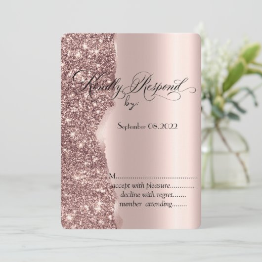 Elegant Roos Gold Glitter Script RSVP Kaart (Staand voorkant)